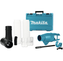 Set d aspiration de poussière Makita avec coffret de transport incluant le Makita Logo, divers adaptateurs en plastique et tuyaux transparents.