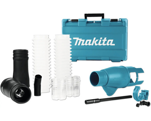 Set d aspiration de poussière Makita avec coffret de transport incluant le Makita Logo, divers adaptateurs en plastique et tuyaux transparents.