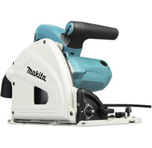 Scie circulaire plongeante Makita avec carter de protection blanc et bloc moteur bleu.
