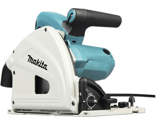 Scie circulaire plongeante Makita avec carter de protection blanc et bloc moteur bleu.