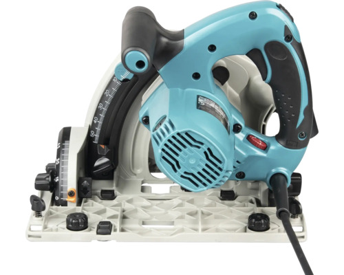 Makita Logo. Scie circulaire plongeante portative avec échelles pour la profondeur de coupe et l'angle d'inclinaison et poignée ergonomique.