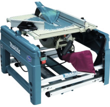 Scie à onglet et de table retournable Makita Flipper LF1000 avec table de sciage, protecteur de lame, guide parallèle et sac à poussière.