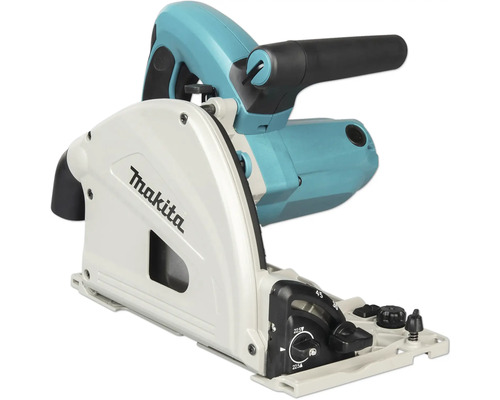 Scie circulaire plongeante Makita avec réglage d onglet jusqu a 45 degrés et raccord d aspiration.