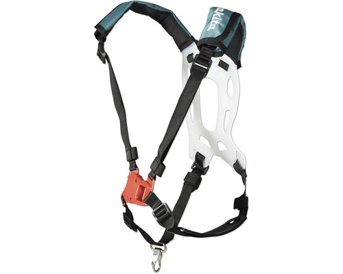 Harnais Makita pour débroussailleuse avec bretelles rembourrées, sangles réglables, plaque dorsale et boucle à dégagement rapide.