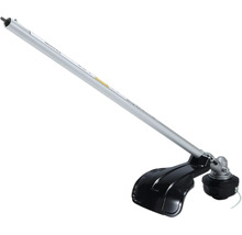Accessoire coupe-bordures avec long manche en métal et capot de protection noir.