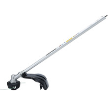 Accessoire coupe-bordure Makita avec manche en métal argenté, tête à fil noire et capot de protection pour systèmes multifonctions.