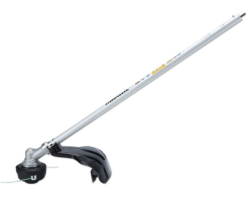 Accessoire coupe-bordure Makita avec manche en métal argenté, tête à fil noire et capot de protection pour systèmes multifonctions.