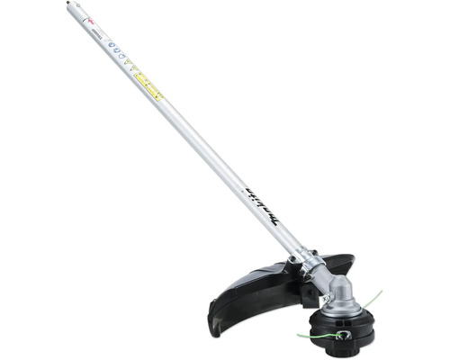 Accessoire de débroussailleuse Makita EM408MP pour outils multifonctions avec tube argenté, Makita Logo, capot de protection noir et tête de coupe.