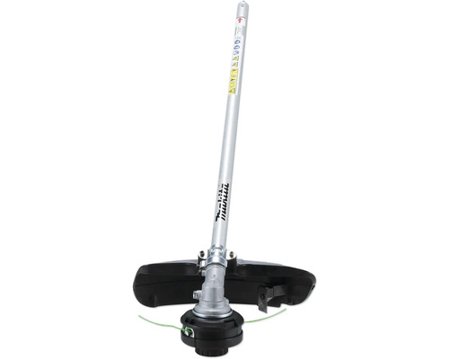 Accessoire débroussailleuse Makita pour moteur multifonction avec tube en aluminium, tête à fil et carter de protection noir.