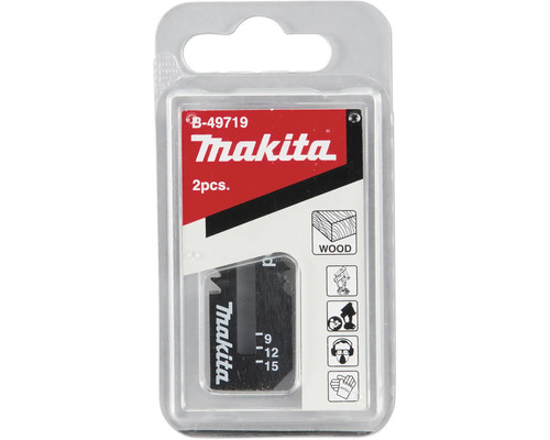 Jeu de lames pour outil multifonction Makita B-49719 pour bois, 2 pièces, avec symboles de sécurité pour l'ouïe, les yeux, la respiration et les mains.