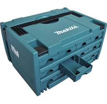 Türkisfarbene Makita MAKPAC Organizer-Box aus Kunststoff mit 12 Schubladen für Kleinteile, eine Schublade ist ausgezogen, Makita Logo.