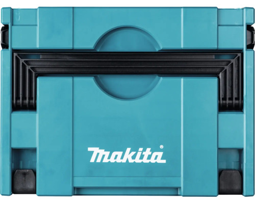 Türkiser Makita Werkzeugkoffer Makpac aus Kunststoff mit Makita Logo und klappbarem Tragegriff.