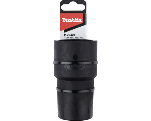 Makita Adapter P-70421 für Staubsauger und Elektrowerkzeuge aus schwarzem Gummi. Makita Logo.