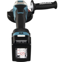 Akku-Winkelschleifer von Makita mit 18 Volt Lithium-Ionen-Akku, Seitengriff und Schutzhaube in der Draufsicht.