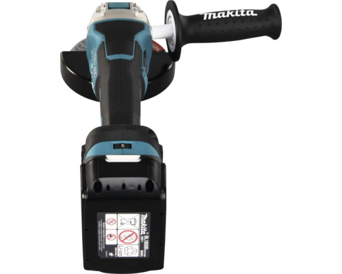 Akku-Winkelschleifer von Makita mit 18 Volt Lithium-Ionen-Akku, Seitengriff und Schutzhaube in der Draufsicht.