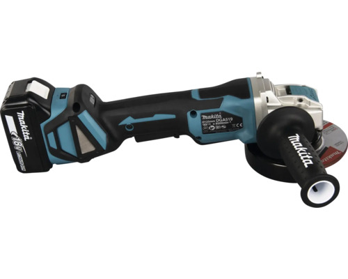 Makita Akku-Winkelschleifer DGA519, 18 Volt, Scheibendurchmesser 125 Millimeter, mit Lithium-Ionen-Akku und Seitengriff, Blau-Schwarz.