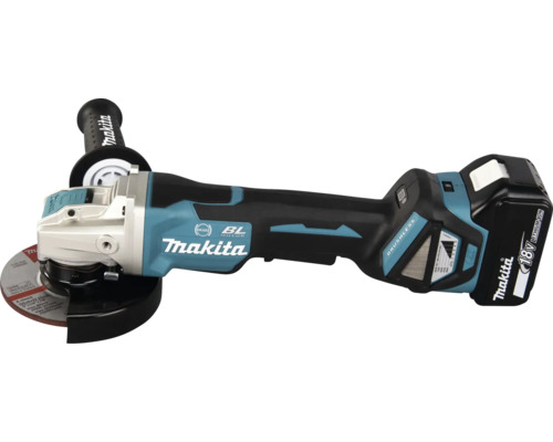 Makita Akku-Winkelschleifer mit bürstenlosem Motor, 18 Volt Akku und Seitengriff.