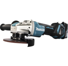 Makita Akku-Winkelschleifer 18 Volt mit buerstenlosem Motor, Seitengriff und Schleifscheibe. Makita Logo.