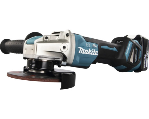 Makita Akku-Winkelschleifer 18 Volt mit buerstenlosem Motor, Seitengriff und Schleifscheibe. Makita Logo.