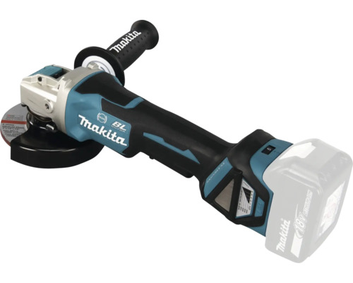 Makita Akku-Winkelschleifer 18 Volt mit bürstenlosem Motor, Seitengriff und Schutzhaube.