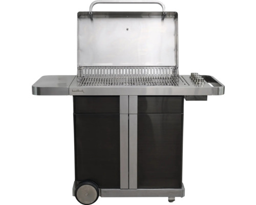 Chariot de barbecue Buschbeck avec grille et couvercle ouvert