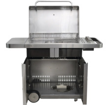 Chariot de barbecue en acier inoxydable avec couvercle ouvert et espace de rangement.
