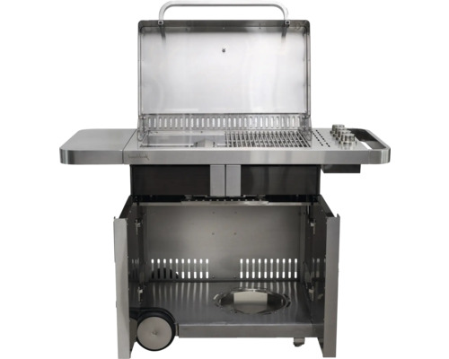 Chariot de barbecue en acier inoxydable avec couvercle ouvert et espace de rangement.