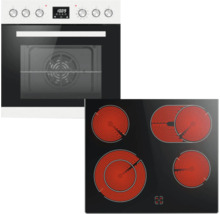 Four encastrable avec bandeau de commande blanc et écran numérique et plaque de cuisson vitrocéramique avec quatre zones de cuisson actives.