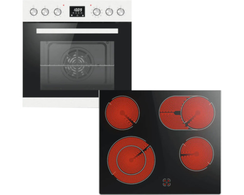 Four encastrable avec bandeau de commande blanc et écran numérique et plaque de cuisson vitrocéramique avec quatre zones de cuisson actives.