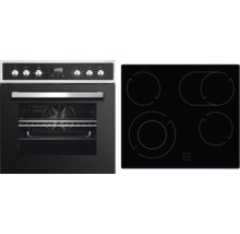Einbauherd-Set mit schwarzem Backofen, silbernen Drehreglern, digitaler Anzeige und Glaskeramik-Kochfeld.