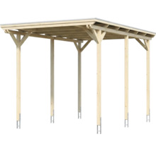 Freistehendes Einzelcarport aus Holz mit Flachdach und sechs Pfosten inklusive H-Ankern zur Bodenbefestigung.
