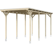 Carport aus Holz mit Flachdach und Pfostenankern aus Metall.