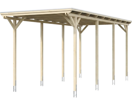 Carport aus Holz mit Flachdach und Pfostenankern aus Metall.