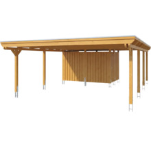 Großer Doppel-Carport aus Holz mit integriertem Abstellraum und Flachdach.