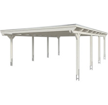 Carport en bois blanc avec toit plat et ancrages de poteaux en métal.
