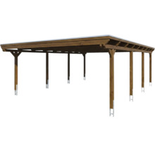 Carport double autoportant en bois avec toit plat et huit poteaux sur ancres métalliques.