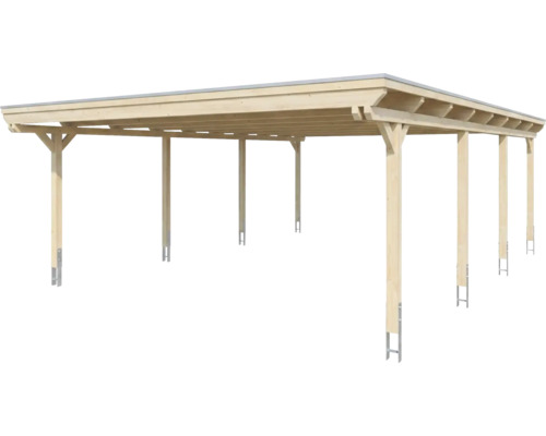 Offenes Doppelcarport aus hellem Holz mit Flachdach und Pfosten aus Brettschichtholz.