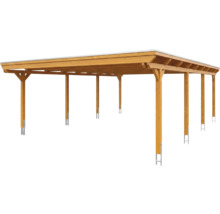 Carport double en bois avec toit plat et supports de poteaux robustes en métal.