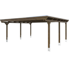 Carport en bois brun foncé avec toit plat et six poteaux, supports de poteaux inclus.