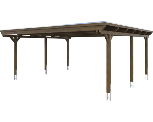 Carport en bois brun foncé avec toit plat et six poteaux, supports de poteaux inclus.