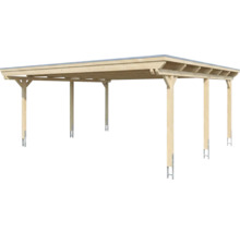 Carport double indépendant en bois avec toit plat et six poteaux.