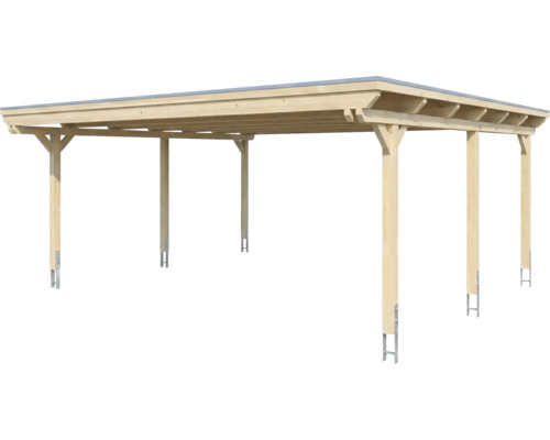 Carport double indépendant en bois avec toit plat et six poteaux.