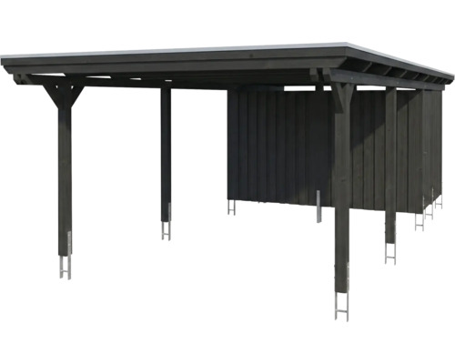 Carport aus Holz mit Flachdach und integriertem Geräteraum.