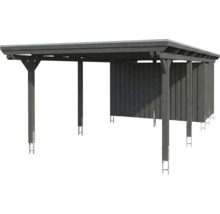 Carport en bois gris foncé avec toit plat et remise intégrée.