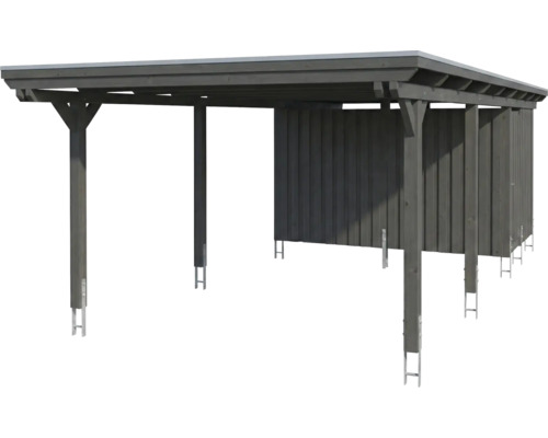 Carport en bois gris foncé avec toit plat et remise intégrée.
