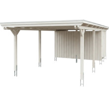 Carport simple en bois avec remise intégrée et toit plat.