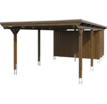 Carport aus Holz mit Flachdach, Rückwand und integriertem Geräteraum, montiert auf Metallpfostenträgern.