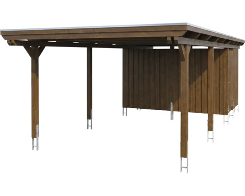 Carport aus Holz mit Flachdach, Rückwand und integriertem Geräteraum, montiert auf Metallpfostenträgern.