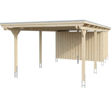 Carport en bois avec remise, toit plat et supports de poteaux en métal.