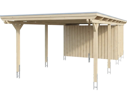 Carport en bois avec remise, toit plat et supports de poteaux en métal.